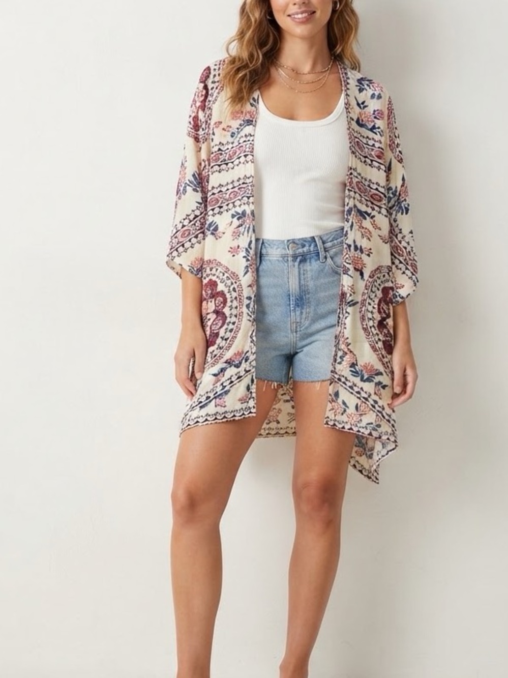 entro Floral Print Tunic in Cream & Blue Like New